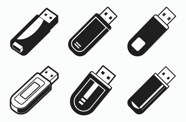 Usb flash drive silhouette set, storage device silhouette, digital data icon, usb flash drive outline silhouette vector illustration 