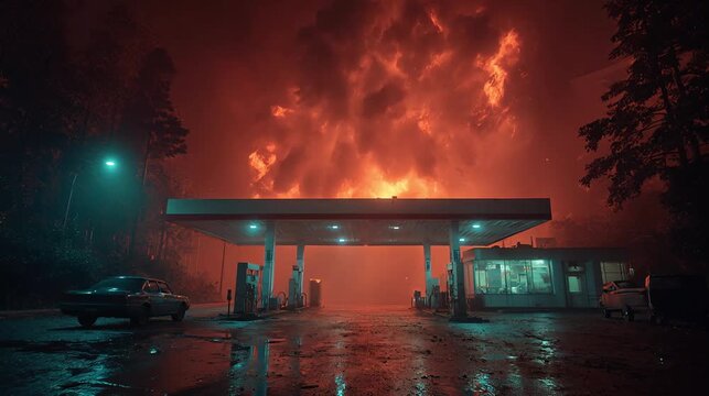 A dramatic nighttime scene of a gas station engulfed in flames, with towering fire clouds illuminating the dark sky. The area is deserted and soaked in reflections of emergency light.