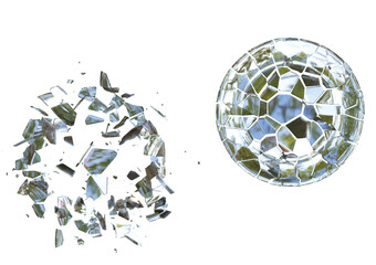 Two broken plates made from glass vector file created by 3D modeling physics simulation. There are shards of glass.