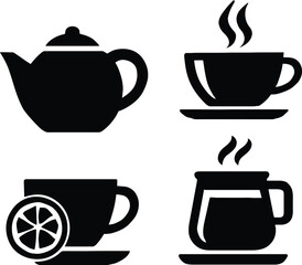 Obraz premium tea cup and pot icons silhouette vector illustration. teapot and cups design for cafe or restaurant menu design vector