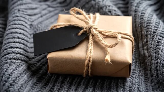 Wrapped Gift with Black Tag on Cozy Gray Knit Blanket, Holiday Present Reveal