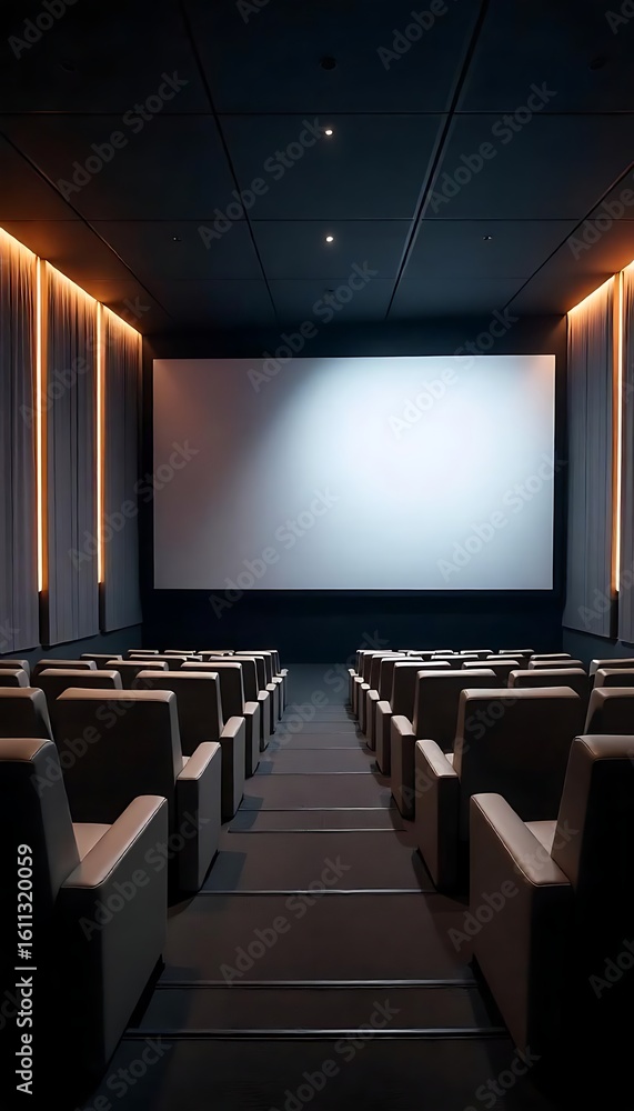 Poster generative ai depicts an empty movie theater with a large screen and rows of seats ready for the