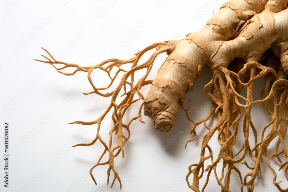 Poster close up of a dried ginger root displaying intricate root system, set against a clean white backdrop