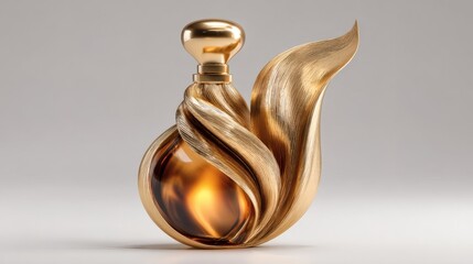 Luxurious Gold and Bronze Perfume Bottle with Elegant Curved Design on White Background