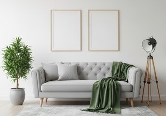A sophisticated grey tufted sofa is adorned with a green throw blanket and decorative pillows