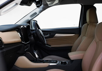 luxury car Interior steering wheel, shift lever and dashboard. Car interior luxury. black comfortable seats, steering wheel, dashboard, climate control, speedometer, display.