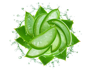 Top View of Aloe Vera Leaf with Juice Splash Effect, isolated on white background PNG
