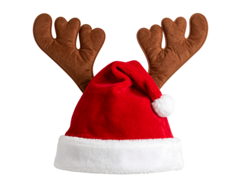 Santa Hat with Reindeer Antlers Attached, Centered View, Transparent PNG