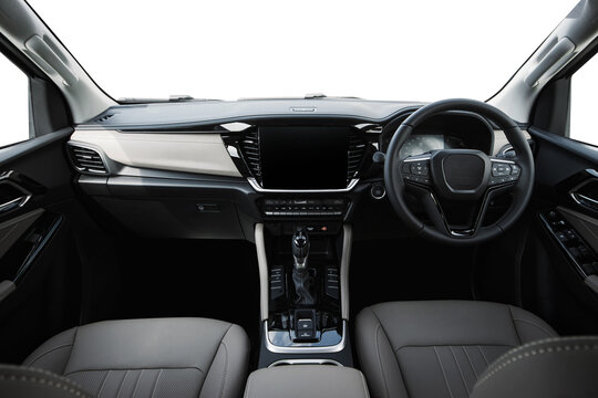 Dark luxury car Interior - steering wheel, shift lever and dashboard. Car interior luxury. black comfortable seats, steering wheel, dashboard, climate control, speedometer, display. - Powered by Adobe