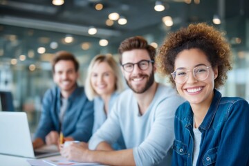 Fototapeta premium Four diverse young professionals smiling and sitting closely at a desk in a modern office environment.