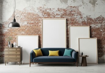 A stylish blue sofa sits in front of a rustic brick wall with several empty picture frames
