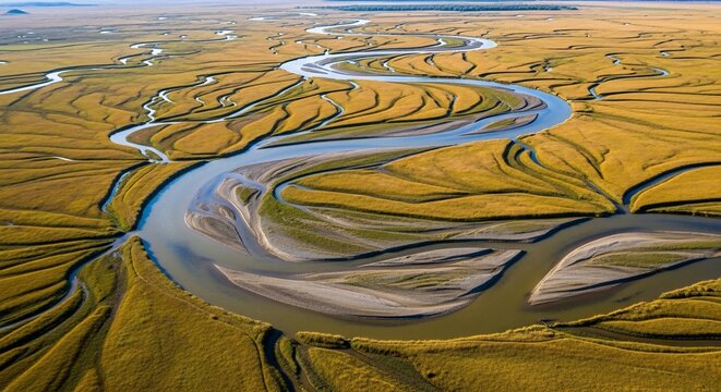 Aerial view of the Lena River Delta showcasing winding waterways and golden landscapes