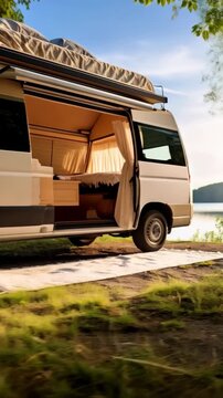 Camping van with pop-up roof parked near a lake, interior visible with curtains and a bed, relaxing outdoors during vacation