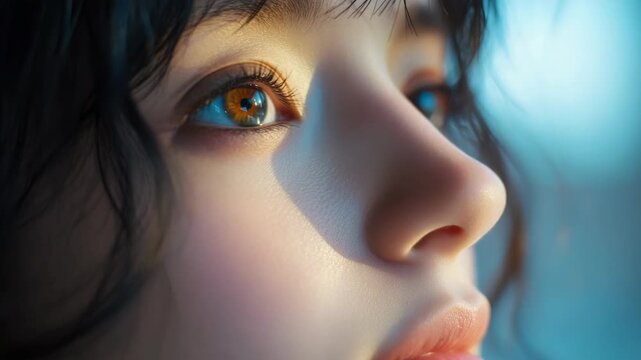 A digital portrait of a young girl with amber-colored eyes, her gaze is suggestive and the lighting reflects off her nose during sunset.