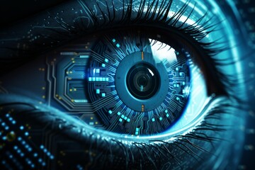 Close up of a futuristic cyborg eye showcasing the integration of electronic circuitry and advanced technology