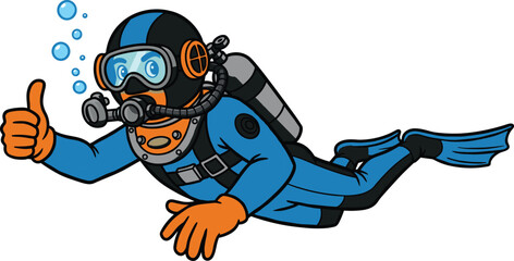Cartoon scuba diver with oxygen tank, thumbs up underwater, full diving suit, snorkeling gear, fins, vector flat illustration, aquatic sport