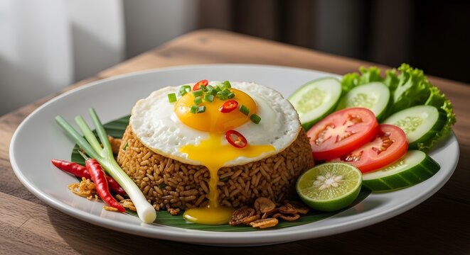 Exquisite Culinary Delight: A meticulously crafted plate of flavorful fried rice, crowned with a perfectly fried egg, vibrant vegetables, and enticing herbs, showcasing a visual feast of taste.