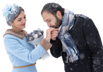 Happy Young Couple in Winter Park. Family outdoors at the castle.