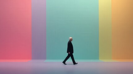 A Solitary Figure Walking Against a Vibrant Colorful Background in a Minimalist Setting