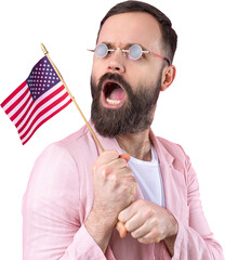 Portrait of a satisfied young man with a beard with an American flag on a red studio background....
