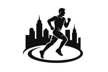 Man running in city logo vector. Urban marathon runner silhouette icon. Fitness, exercise, and sport concept for club or event. Healthy lifestyle training graphic.