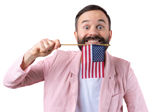Portrait of a satisfied young man with a beard with an American flag on a red studio background. Great US patriot and defender of freedom.