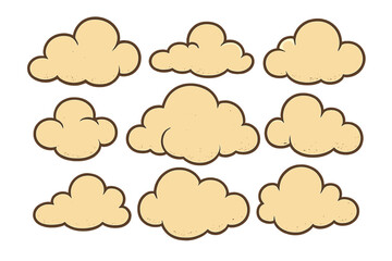 Retro cartoon clouds set. Vintage weather symbol collection. Old-fashioned sky element illustration for graphic design. Cute beige puffy cloud icon pack with texture.