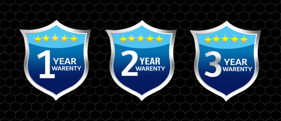 1, 2, 3 years warranty shield label icon badge design. blue and silver color. vector illustration eps.