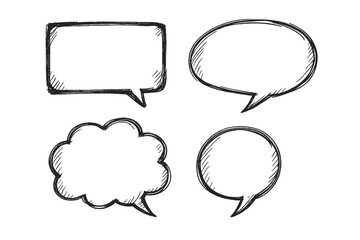 Hand-drawn speech bubbles vector set. Doodle sketch comic clouds. Dialogue balloons, message boxes for chat or thinking. Isolated black and white graphic elements collection.
