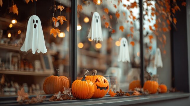Halloween shop window display with carved pumpkins, ghost decorations and autumn leaves perfect for festive retail visuals, spooky designs and seasonal storefront concepts