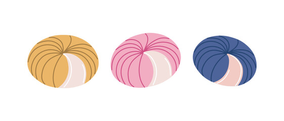 Flat style vector illustration of three colorful yarn balls in yellow, pink, and blue isolated on white background