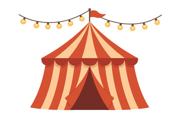 Carnival circus tent with garland lights. Red striped big top marquee for festival, fair or show. Classic funfair entertainment vector on transparent background.