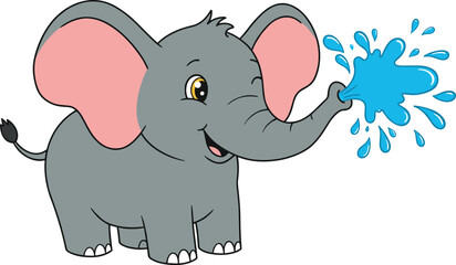 Cute cartoon baby elephant spraying water, pink ears, big smile, fun animal illustration for kids, flat vector style drawing, playful
