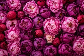 Obraz premium Vibrant pink and purple peony flowers creating a captivating floral background, perfect for romantic and nature inspired designs