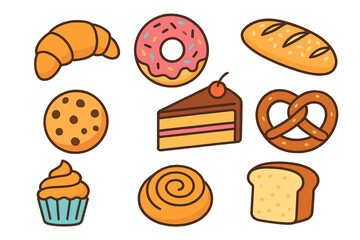 Bakery food icon set vector illustration. Cute cartoon pastry dessert collection with cake, donut, croissant, cookie, cupcake, bread, pretzel. Sweet dessert for cafe menu.