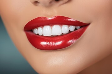 Obraz premium Close up of smiling woman with perfect white teeth and red lipstick