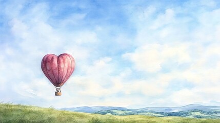 Fototapeta premium Heart-Shaped Hot Air Balloon Floating Over Scenic Landscape