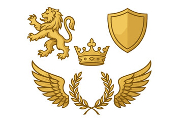 Golden heraldic symbols vector illustration set. Royal lion, crown, shield, wings, and laurel wreath for creating a custom coat of arms, emblem, or luxury logo design.