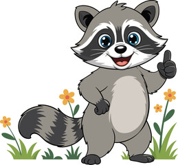 Cute cartoon raccoon standing, smiling with thumb up, surrounded by flowers, happy forest animal character, vector illustration, child-friendly mascot