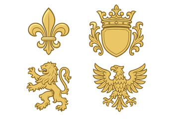 Golden heraldic symbols set. Vector collection of royal emblems. Lion, eagle, fleur-de-lis, crown and shield. Luxury medieval insignia for coat of arms design. Nobility.