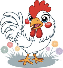 Cute cartoon rooster standing on grass with flowers, colorful farm animal character, white chicken illustration, children drawing, vector artwork