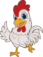 Cute cartoon rooster with red comb, happy farm chicken character, white feathers, smiling animal mascot, flat vector for kids