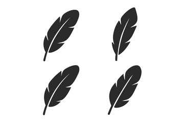 Set of 4 black feather icons. Flat vector illustration silhouette. Light quill plume symbol for logo. Bohemian boho style element. Angel wing, bird feather graphic design.