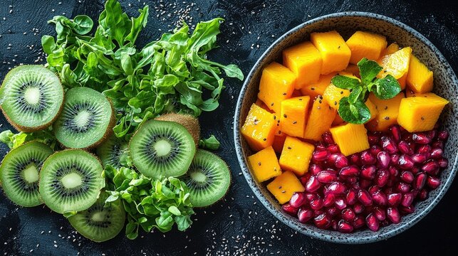 Colorful fruit and greens in a bowl on dark surface
