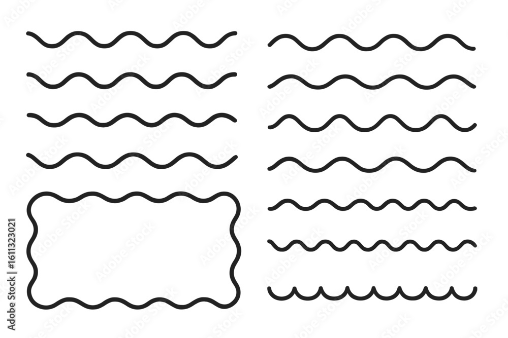 Poster wavy line and border collection. set of simple curve dividers and a squiggle frame. abstract graphic