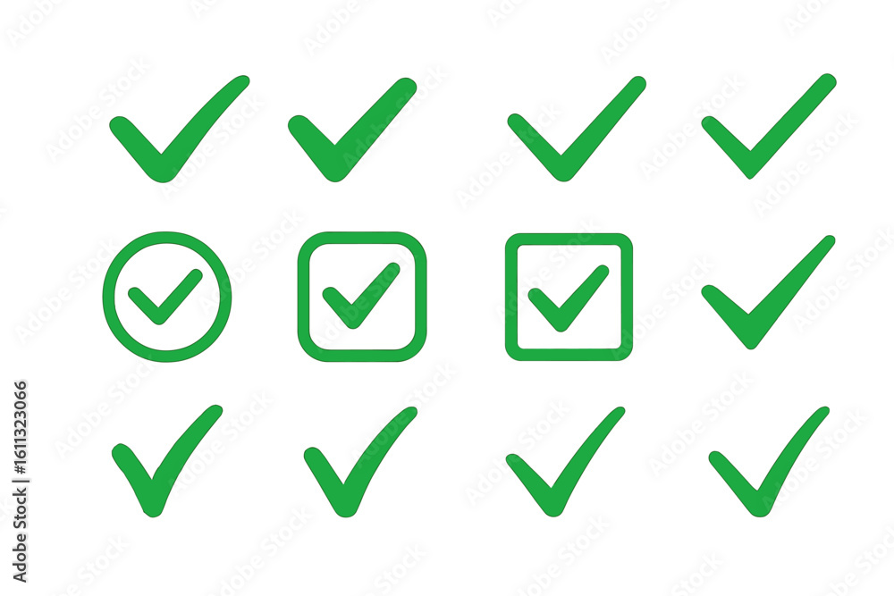 Poster green check mark icon set. tick symbol collection for approval, success, and confirmation. yes vote 