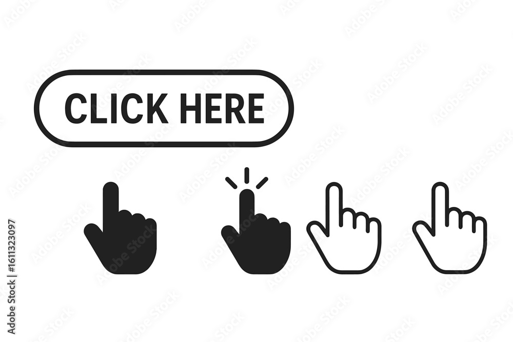 Fototapete click here web button and hand cursor pointer icon set. vector collection of finger clicking a butto