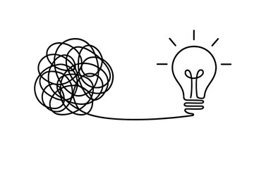 Complex problem solving icon. Continuous line from chaos to clarity. Tangled mess to lightbulb idea. Creativity, innovation, and business solution vector concept.