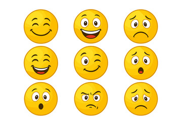 Fototapeta premium Cartoon emoticons set. Yellow smiley face emoji collection with many emotions. Happy, sad, angry, surprised character icons. Vector graphic illustration for web design.