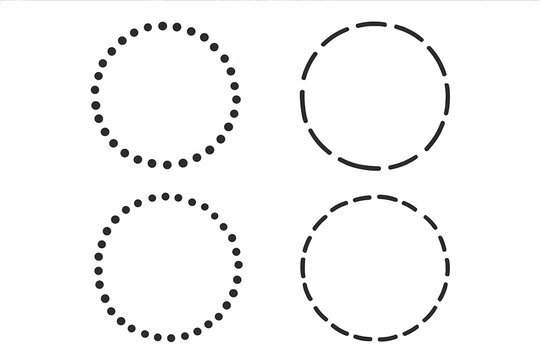 Dotted and dashed line circle frames set. Vector round borders and circular shapes. Abstract geometric path and outline elements for graphic design. Minimalist dot icons.